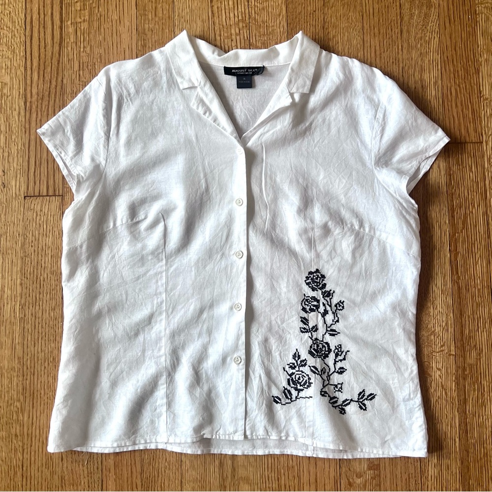White Floral Embroidered Button-Down Shirt